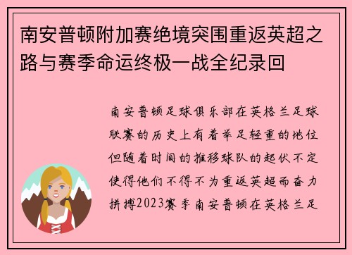 南安普顿附加赛绝境突围重返英超之路与赛季命运终极一战全纪录回