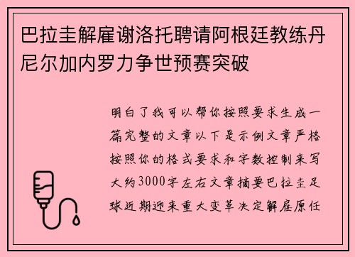 巴拉圭解雇谢洛托聘请阿根廷教练丹尼尔加内罗力争世预赛突破 巴拉圭解雇谢洛托聘请阿根廷教练丹尼尔加内罗力争世预赛突破